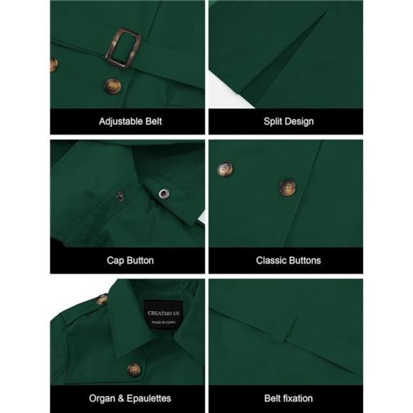 Women's Trench Coat Double-Breasted Classic Lapel Overcoat Belted - Picture 6 of 7